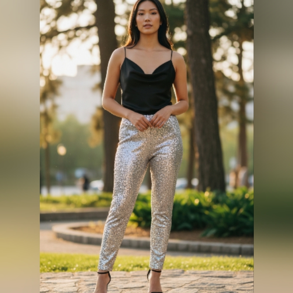 Cable & Gauge Silver Sequin Joggers | Women’s Small